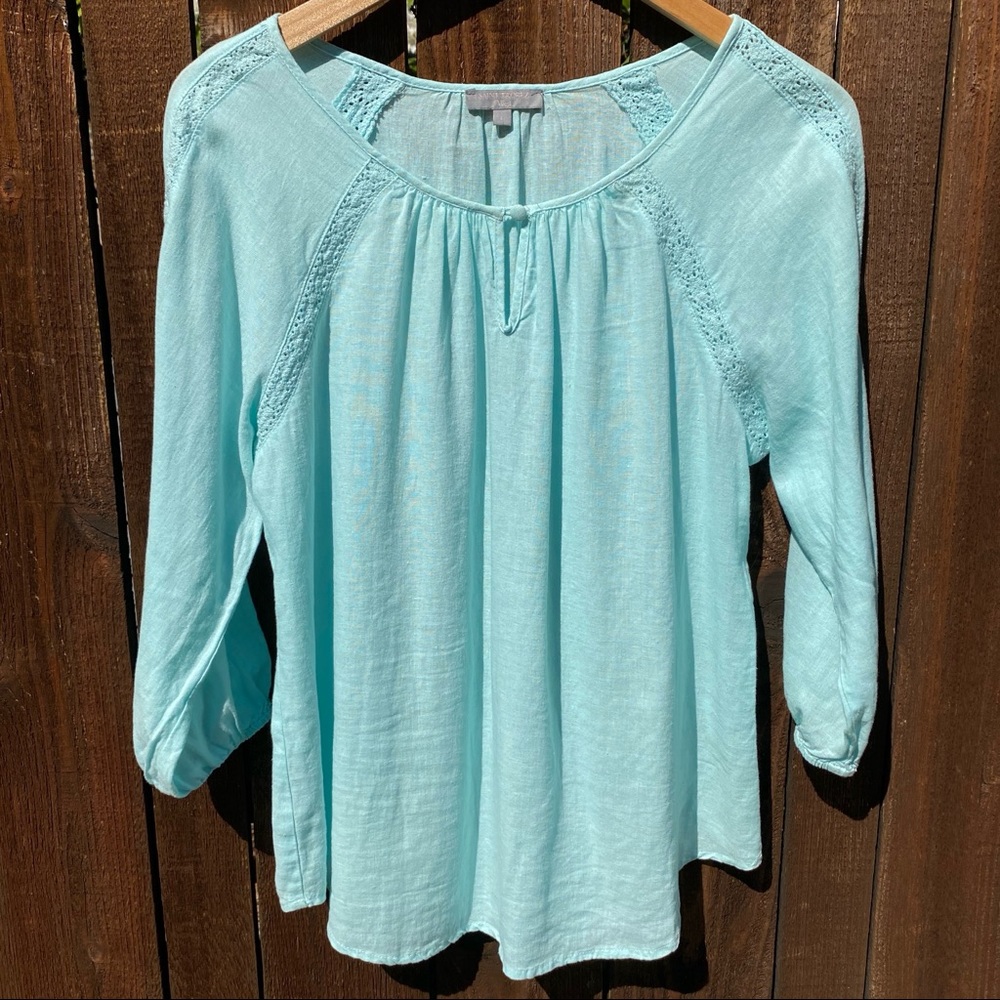 Saint Tropez West Blue Linen Blend Peasant Top